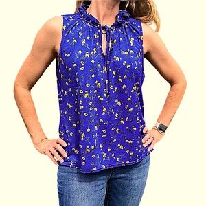 Melloday L Floral Print Ruffled High Neck Keyhole! EUC!